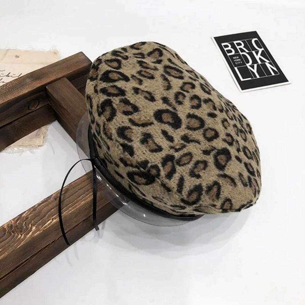 Leopard Beret Hat Tam Beanie Black Leather - Picture 3 of 9